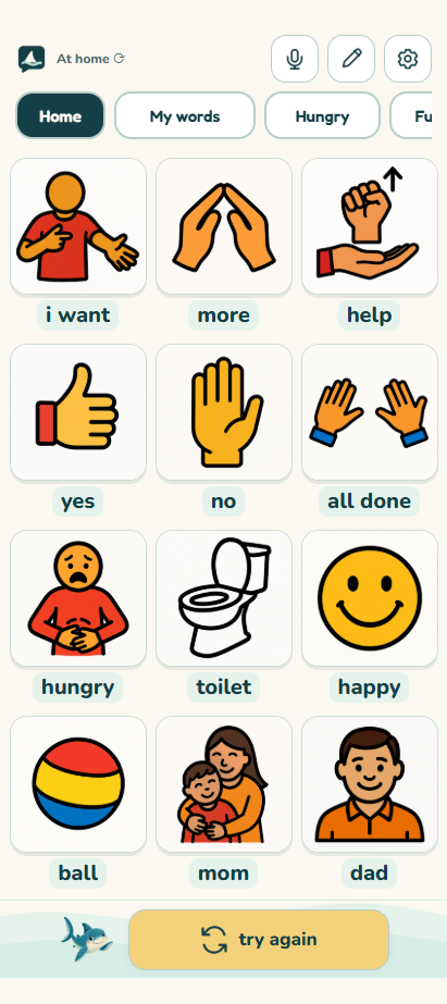 The Fin AAC home board, showing picture tiles for i want, more, help, yes, no, all done, hungry, toilet, happy, ball, mom and dad